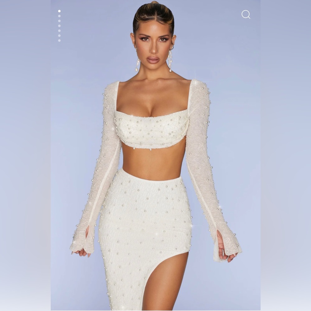 Oh Polly Embellished Maxi Skirt and Sleeve Cowl Neck Crop Top in Ivory